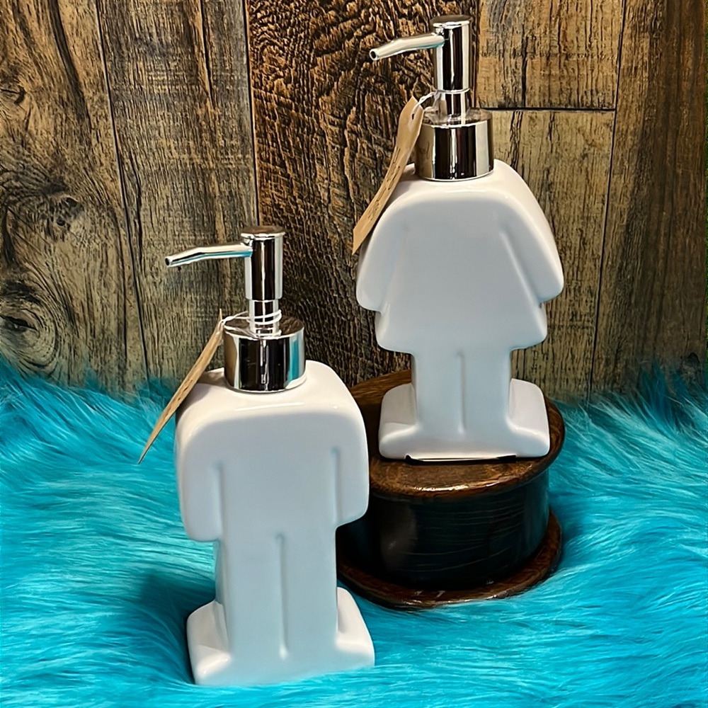 New with tags His & Her White Soap Dispensers 9oz has Sliver pumps